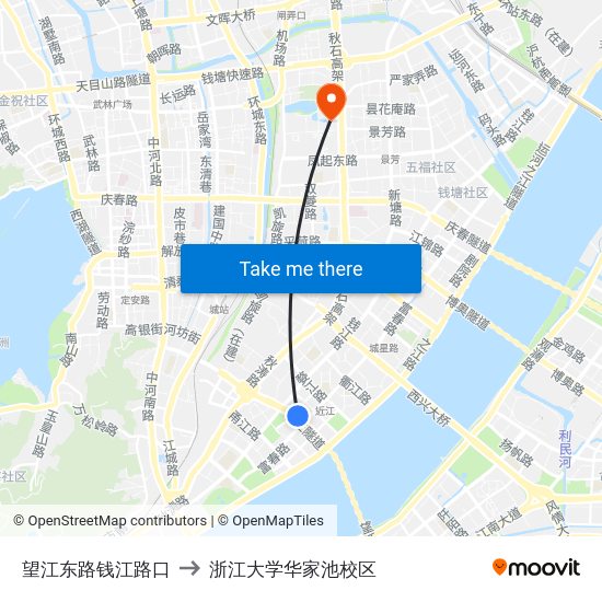 望江东路钱江路口 to 浙江大学华家池校区 map