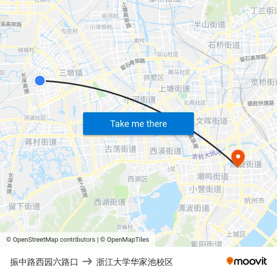 振中路西园六路口 to 浙江大学华家池校区 map