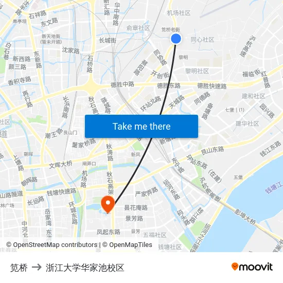笕桥 to 浙江大学华家池校区 map