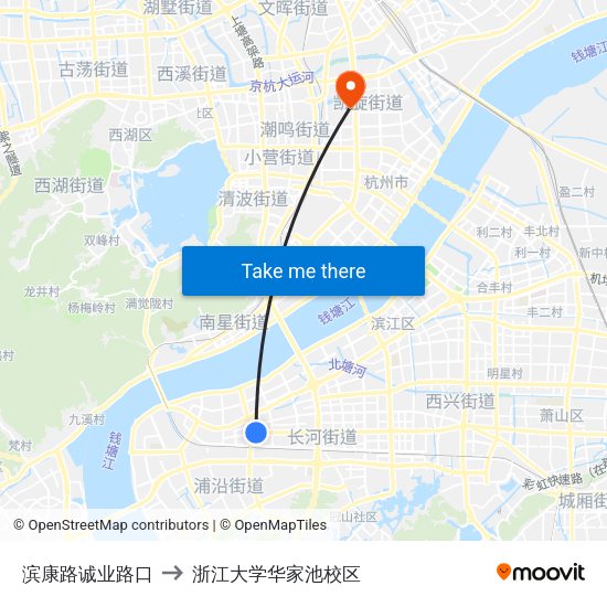 滨康路诚业路口 to 浙江大学华家池校区 map