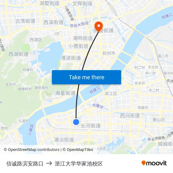 信诚路滨安路口 to 浙江大学华家池校区 map