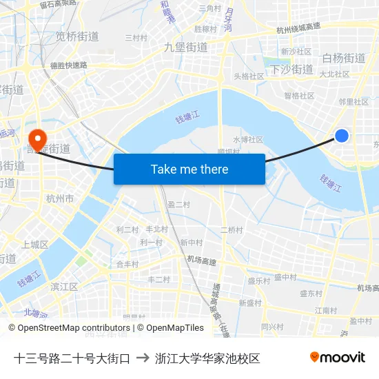 十三号路二十号大街口 to 浙江大学华家池校区 map