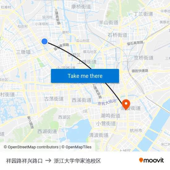 祥园路祥兴路口 to 浙江大学华家池校区 map