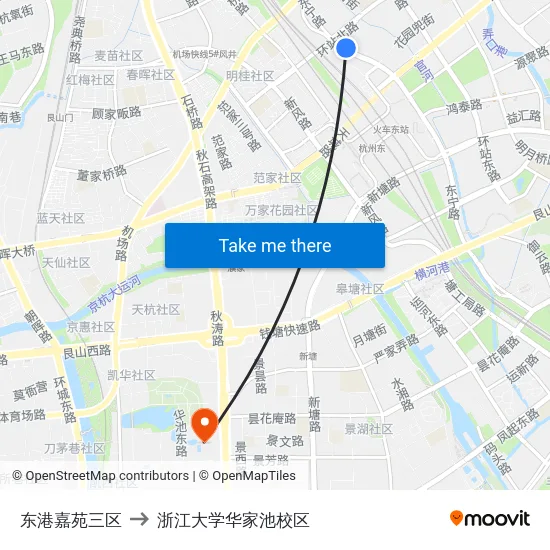 东港嘉苑三区 to 浙江大学华家池校区 map
