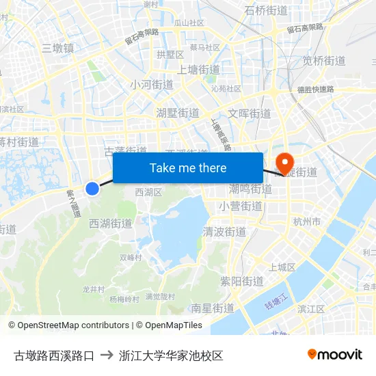 古墩路西溪路口 to 浙江大学华家池校区 map