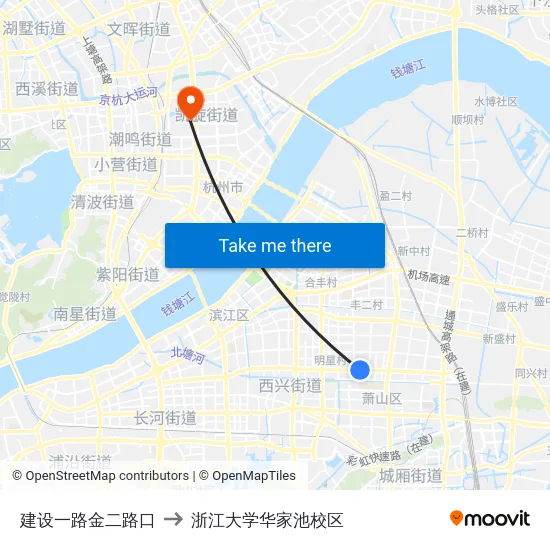 建设一路金二路口 to 浙江大学华家池校区 map