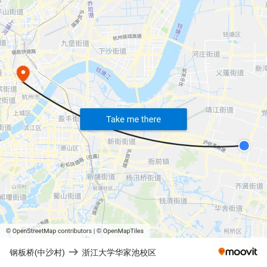钢板桥(中沙村) to 浙江大学华家池校区 map