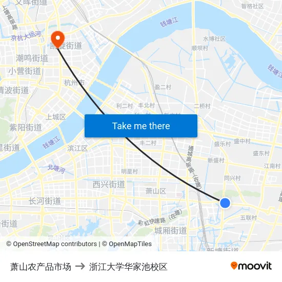 萧山农产品市场 to 浙江大学华家池校区 map