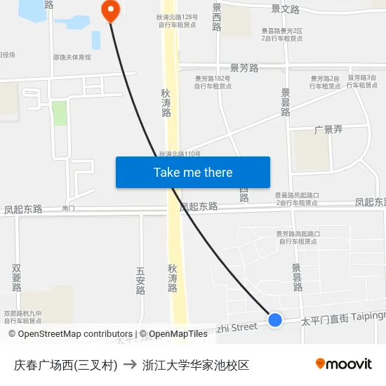 庆春广场西(三叉村) to 浙江大学华家池校区 map