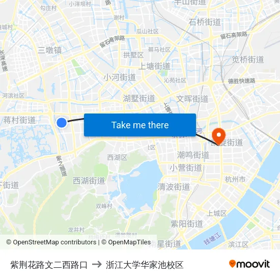 紫荆花路文二西路口 to 浙江大学华家池校区 map