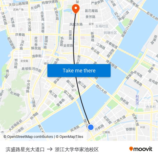 滨盛路星光大道口 to 浙江大学华家池校区 map