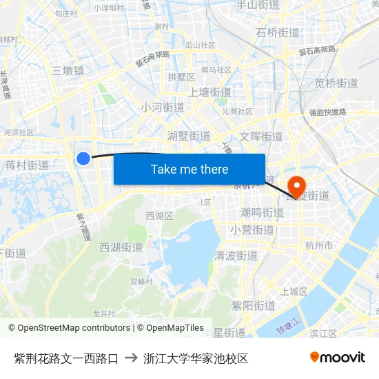 紫荆花路文一西路口 to 浙江大学华家池校区 map