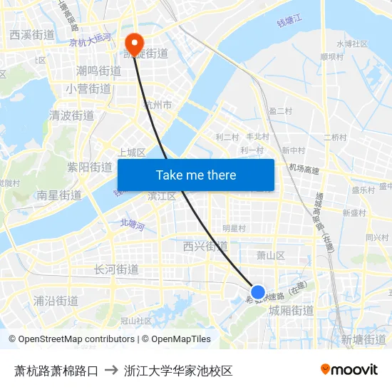 萧杭路萧棉路口 to 浙江大学华家池校区 map