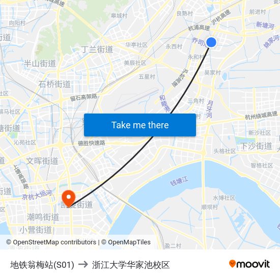 地铁翁梅站(S01) to 浙江大学华家池校区 map