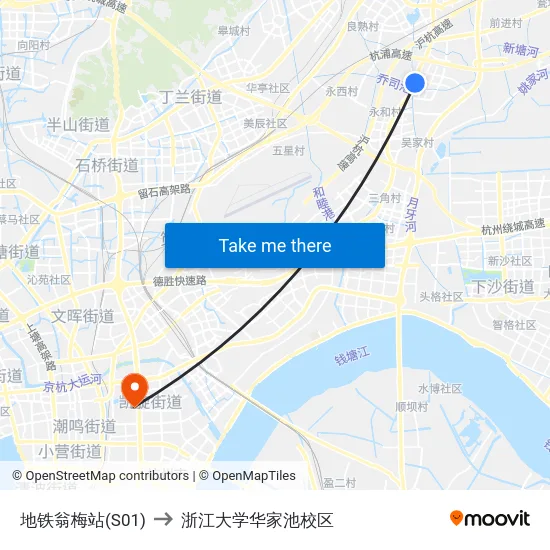 地铁翁梅站(S01) to 浙江大学华家池校区 map