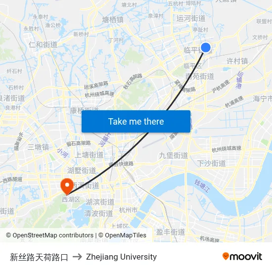 New Silk Road Tianhe Road Intersection to Zhejiang University map