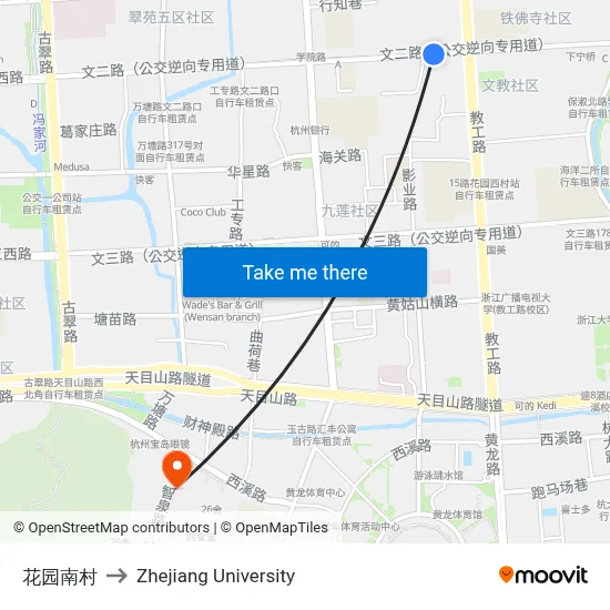 Huayuan South Village to Zhejiang University map