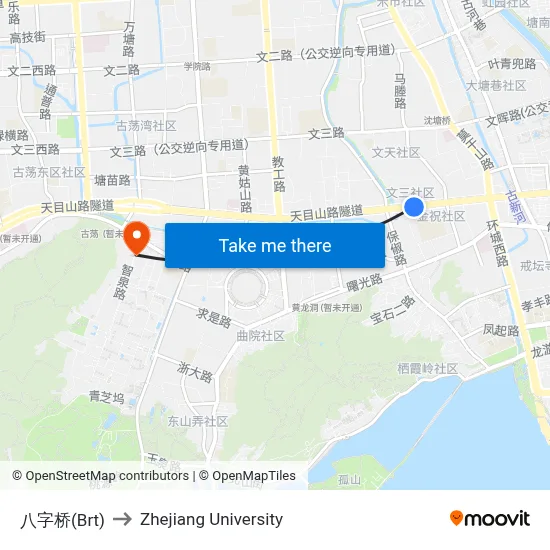 Baziqiao (BRT) to Zhejiang University map