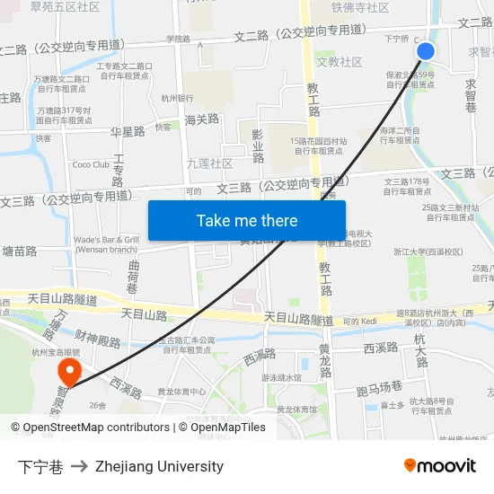Xianing Lane to Zhejiang University map