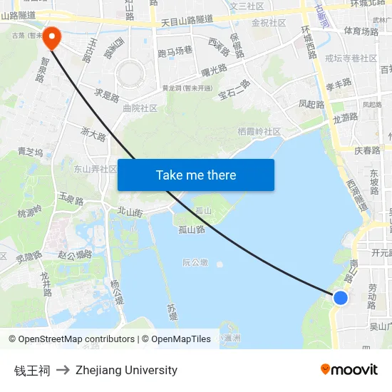 Qian Wang Temple to Zhejiang University map