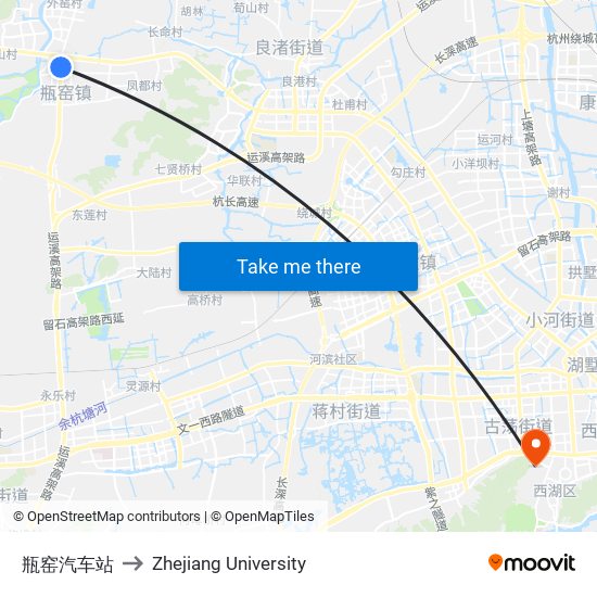 瓶窑汽车站 to Zhejiang University map