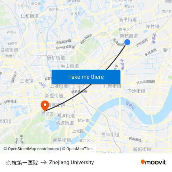 Yuhang First Hospital to Zhejiang University map
