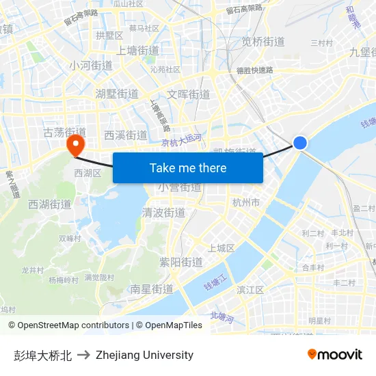 Pengbu Bridge North to Zhejiang University map