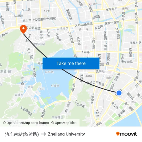 South Bus Station (Qiutao Road) to Zhejiang University map