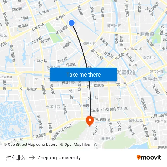 North Bus Station to Zhejiang University map