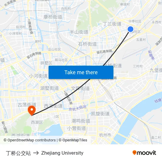 Dingqiao Bus Station to Zhejiang University map