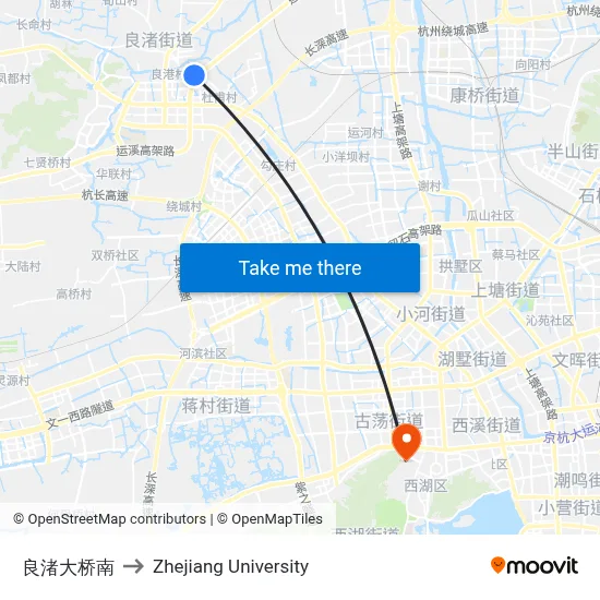 Liangzhu Bridge South to Zhejiang University map