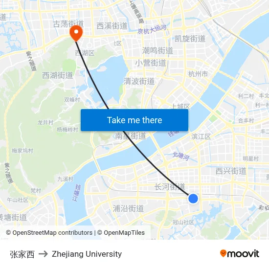 Zhangjia West to Zhejiang University map