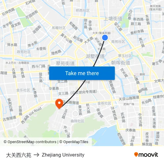 Daguan West 6th Garden to Zhejiang University map