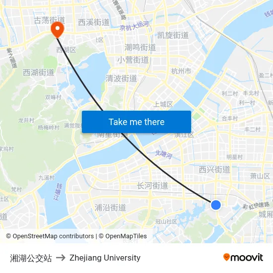 Xianghu Bus Station to Zhejiang University map