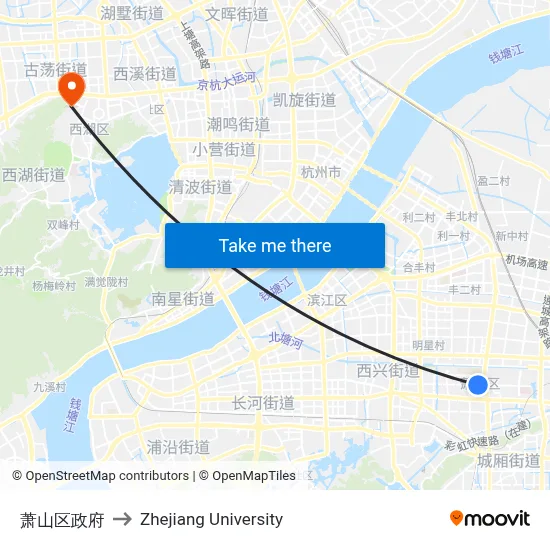 Xiaoshan District Government to Zhejiang University map