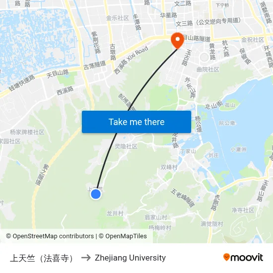 Upper Tianzhu (Faxi Temple) to Zhejiang University map