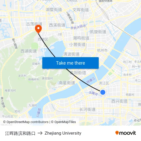 江晖路滨和路口 to Zhejiang University map