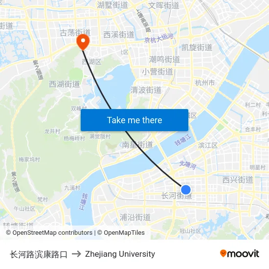 长河路滨康路口 to Zhejiang University map