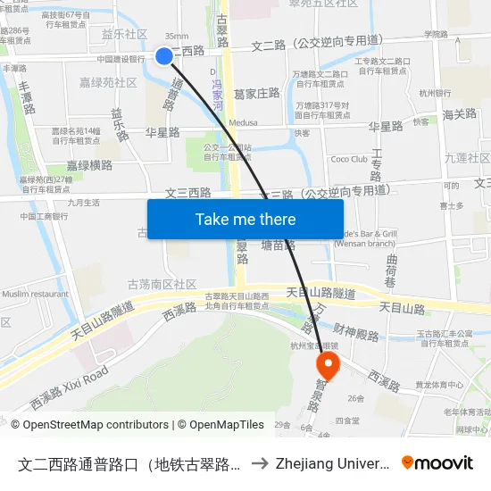 Wener West Road-Tongpu Road Intersection (Metro Gucui Road Station) to Zhejiang University map