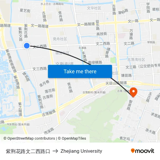 紫荆花路文二西路口 to Zhejiang University map