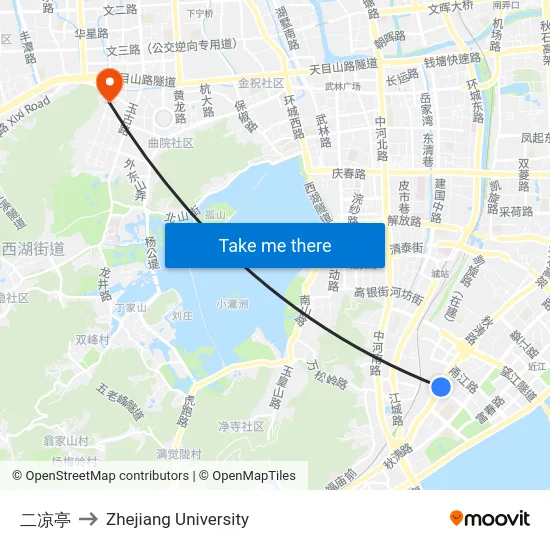 二凉亭 to Zhejiang University map