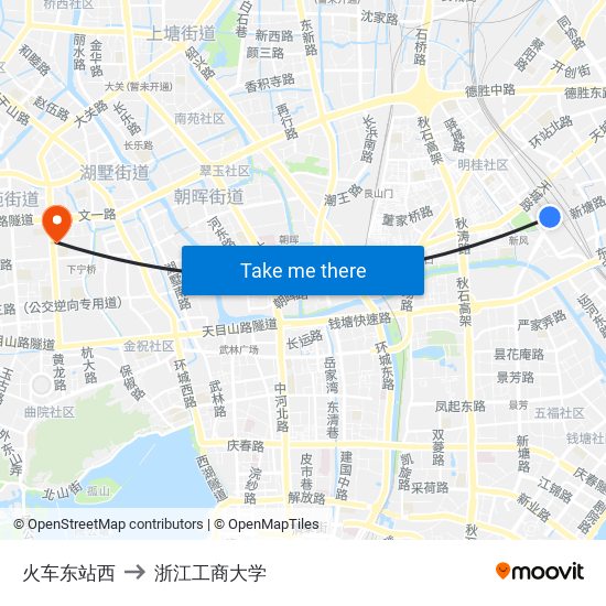 火车东站西 to 浙江工商大学 map