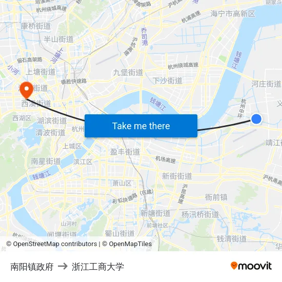 南阳镇政府 to 浙江工商大学 map