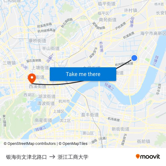 银海街文津北路口 to 浙江工商大学 map
