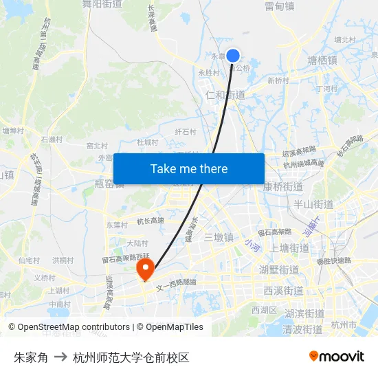 朱家角 to 杭州师范大学仓前校区 map