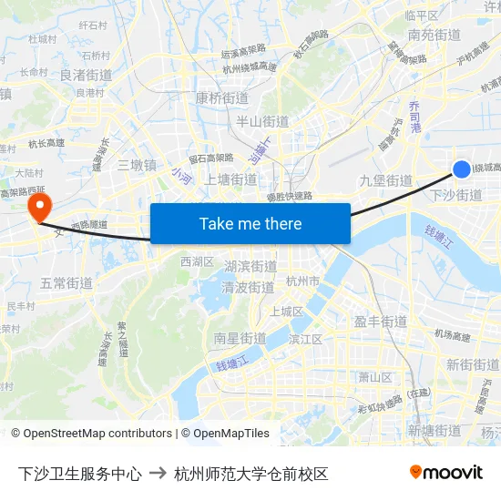 下沙卫生服务中心 to 杭州师范大学仓前校区 map
