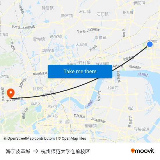 海宁皮革城 to 杭州师范大学仓前校区 map