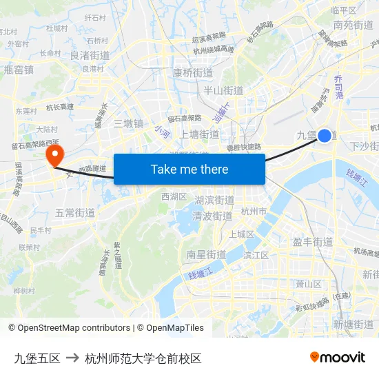 九堡五区 to 杭州师范大学仓前校区 map
