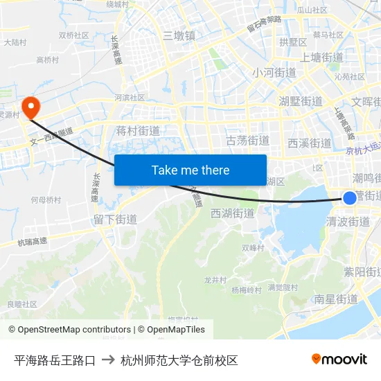 平海路岳王路口 to 杭州师范大学仓前校区 map