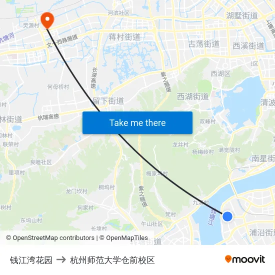 钱江湾花园 to 杭州师范大学仓前校区 map